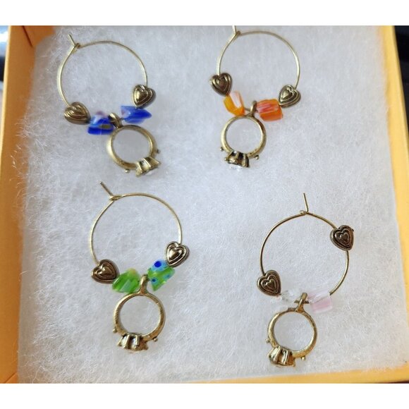 Wedding Ring  Wine Glass Charms Set 4 Ring Charms With Beads Silver Hearts - Picture 2 of 3